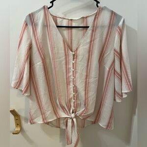 Lush Pink Striped Button Tie Front Short Sleeve Blouse